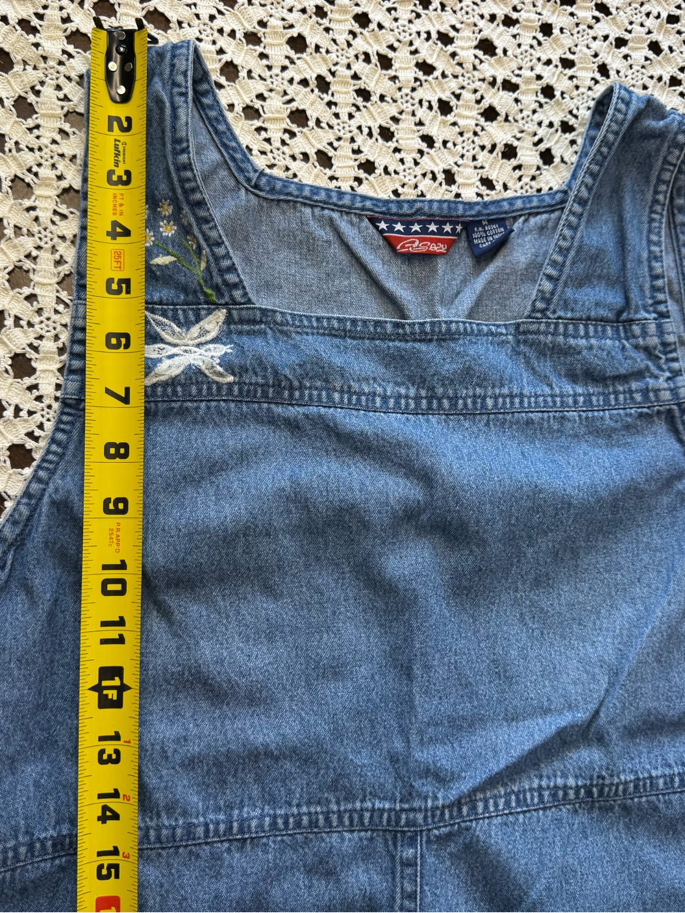 Agapo Denim Overall Midi Maxi Dress Sz M VTG 90s Y2K Embroidered Cottagecore - Picture 7 of 16